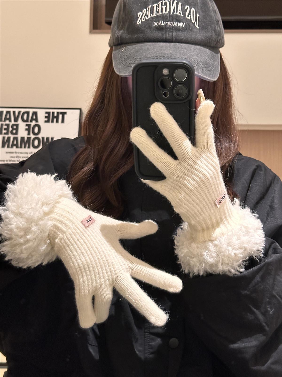 

2025 Touch Gloves for Women Korean Fashion Casual Thermal Knit Mittens for Girls Solid Color Thick Fleece Lined for Winter