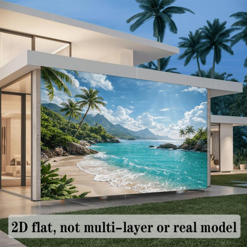 2D Flat Tropical Beach Landscape Banner Background. Coastal Beach Theme. Made of Polyester Material. Wall Decoration.