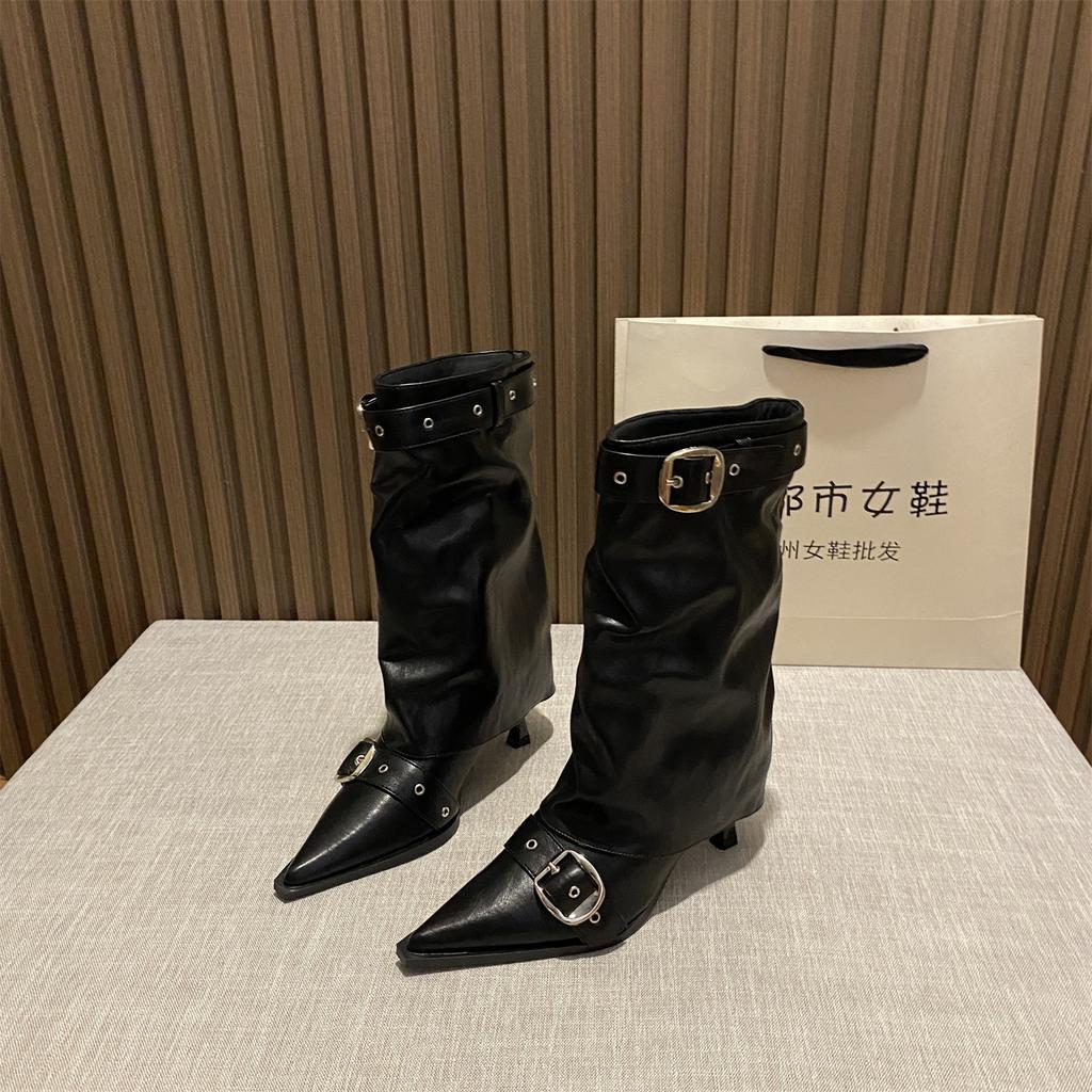 French Retro Pointed Belt Buckle Thin Heel Medium Boots Women's 2025 Autumn and Winter New Temperament Versatile High Heel Trouser Boots