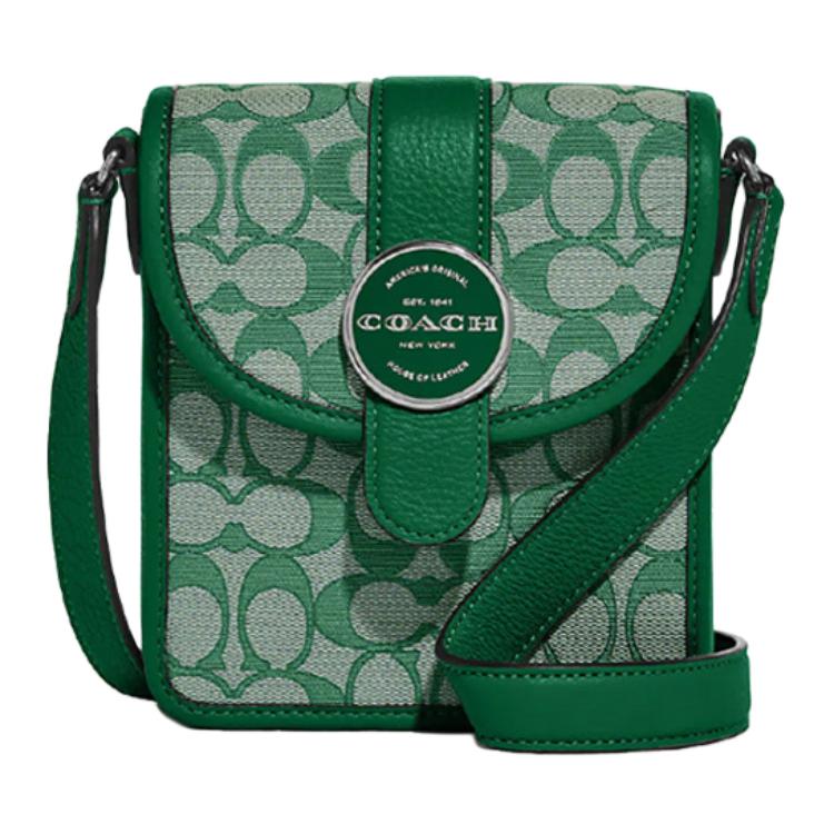 New COACH N/S Jacquard Fabric With Leather Cell Phone Pouch, Shoulder Bag Mini Women's Green C8321-SVGN