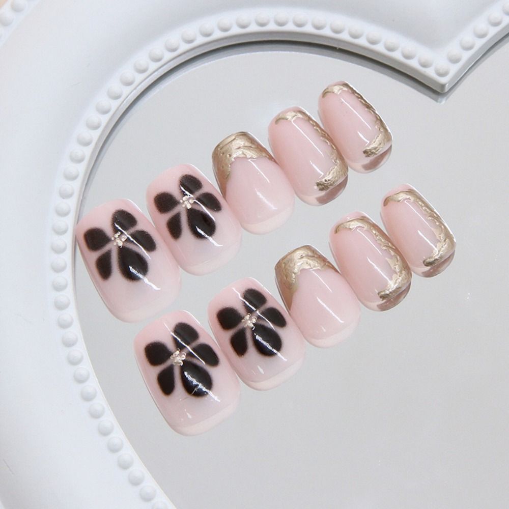 24pcs Metallic Irregular Flowers False Nails French Press On Nails New Fake Nails  Women Girls