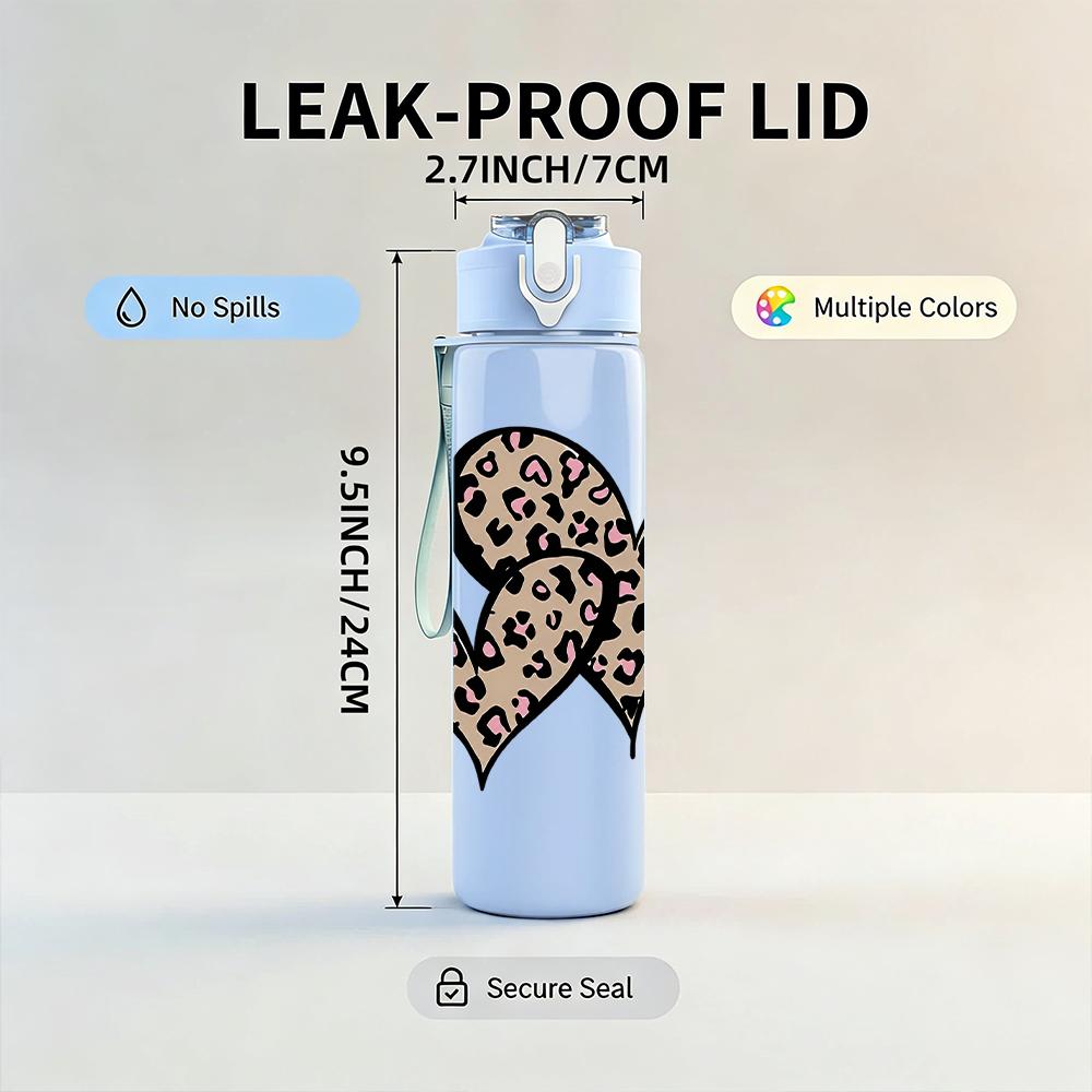 1PC Double Leopard Print Heart 750ml Color Plastic Sports Water Bottle Leakproof Flip Straw Lid Suitable for Sports Office Home Use