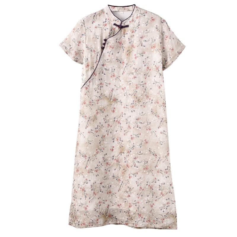 Johnature Women Vintage Print Floral Dress Stand Button Short Sleeve Summer Chinese Style Dress