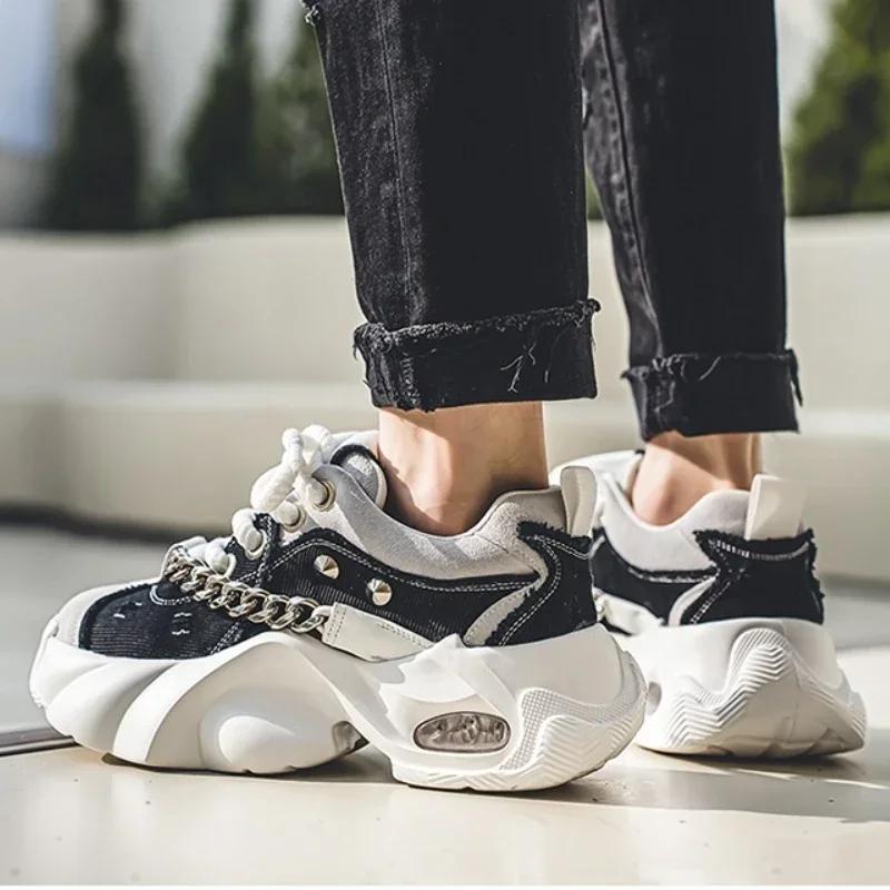 Men's Shoes 2024 Autumn New Trendy Thick Soled Height Increasing Shoes Wear-resistant Metal Chain Tie Comfort Rivet Sneakers