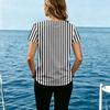Women's Casual Round Neck Short Sleeve T Shirt Vertical Stripe Print Button Front Lightweight Top for Everyday Wear