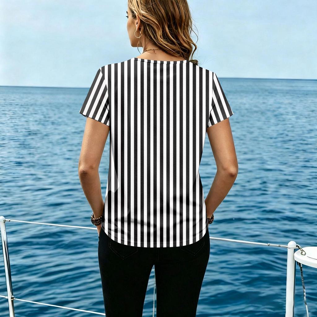 Women's Casual Round Neck Short Sleeve T Shirt Vertical Stripe Print Button Front Lightweight Top for Everyday Wear