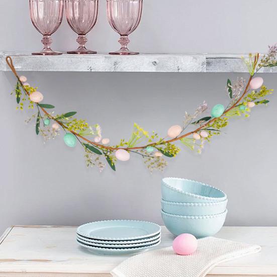 Ostergirlande Künstliche Eiergirlande mit Lammohren Blättern für Frühling Kaminsims Kamin Fenster Wand Innen Außen Dekor