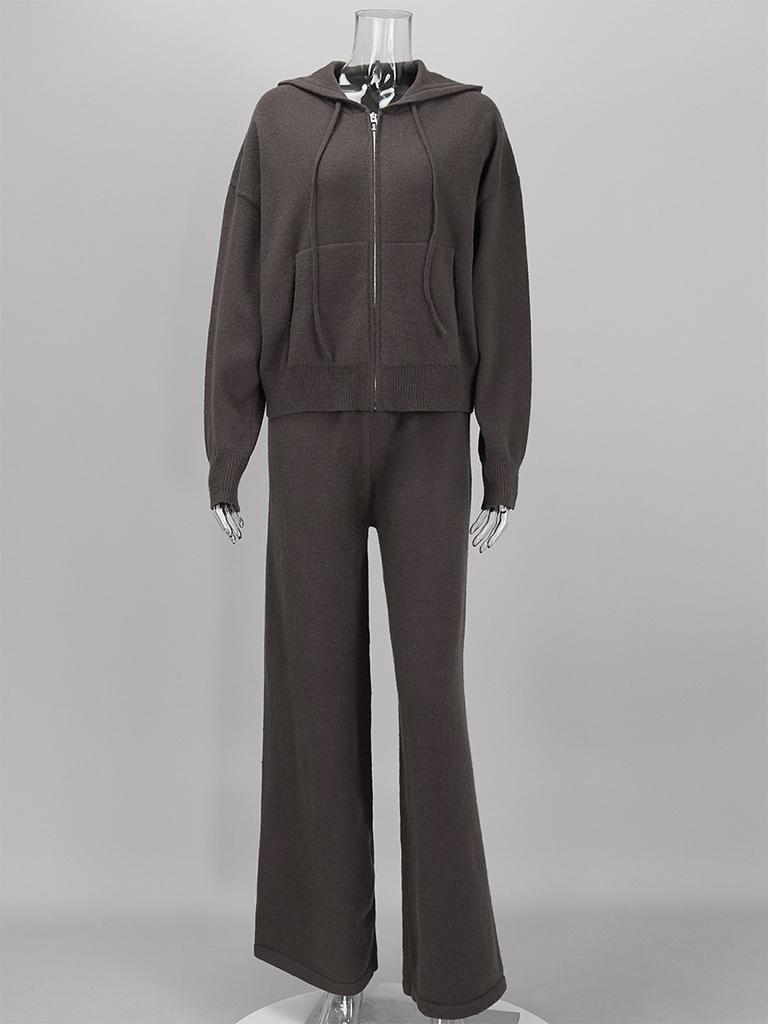 2026 Fall Winter New Hooded Zip Knit Two Piece Set High Waist Wide Leg Pants Casual Tracksuit for Women