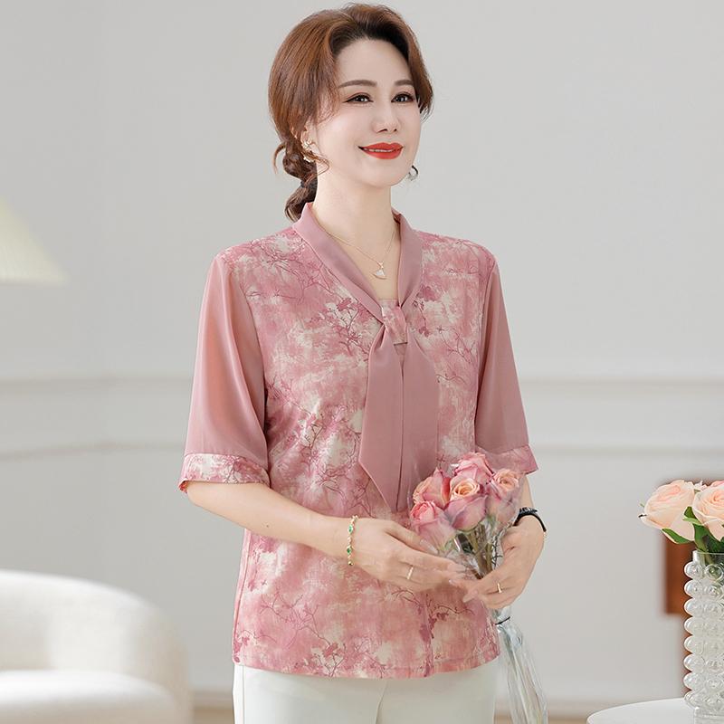 Plus Loose Blouse Tie T-shirt Tops Middle-aged Mom Summer Shirt Casual Forest Style Cool Plus Size Temperament Clothing
