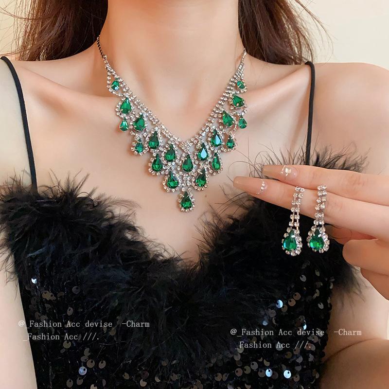 French light luxury water drop diamond stud earrings necklace set niche versatile collarbone chain temperament fashion high-end jewelry