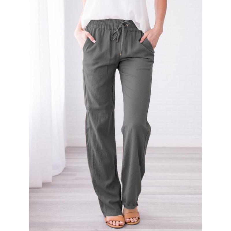 Spring Summer Women Trousers Solid Color Cotton Linen Pants Loose Casual Wide Leg Drawstring Pants