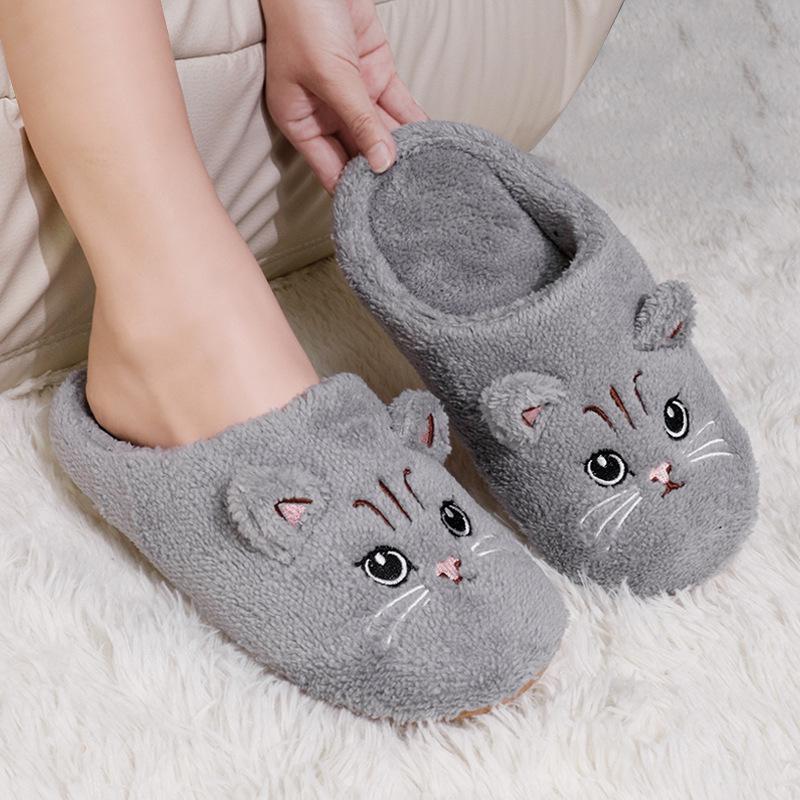 Fashion Women's Cat Cotton Slippers Lightweight Soft Sole Warm Home Slippers Women Cute Cartoon Fluffy Indoor Floor Shoes Female Slides