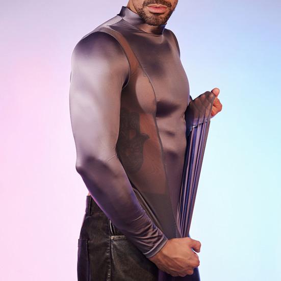 Men Sexy Mesh T-Shirt Oil Glossy Shiny Top Patchwork Tight-Fit Top Breathable Long Sleeve