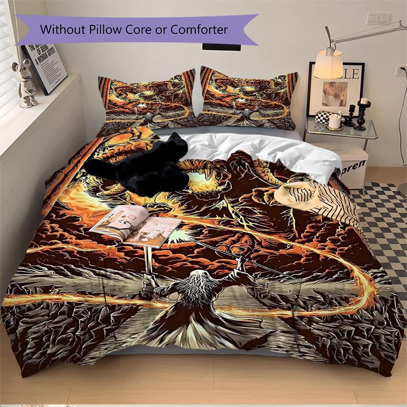 3pcs Dragon Vs Wizard Comforter Set with One Quilt Cover and Two Pillowcases (No Core) - Anime Cartoon Design, Polyester Fabric, Perfect for Bedroom a