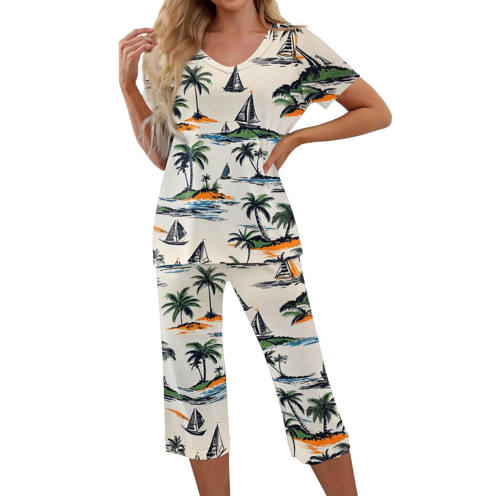2 Piece Sets For Women Short Sleeve Top And Pants With Pockets Workout Soft Print Sets