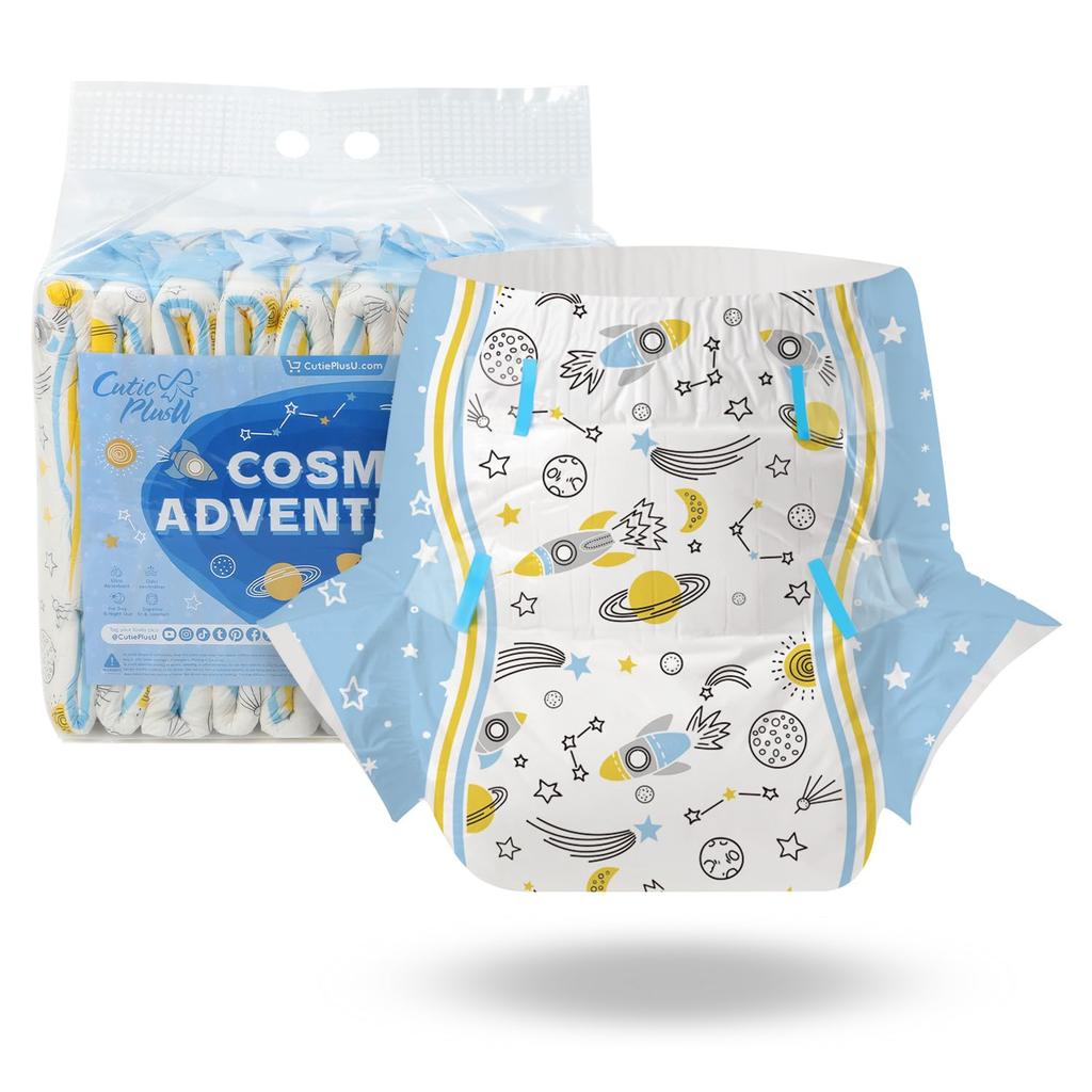 CutiePlusU Adult Diaper Sample Set of Unisex Incontinence Pants with Maximum Nighttime Absorbency Space Adventurer 10, Labels, - (M, 71-96cm)