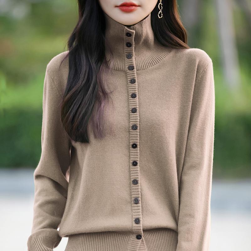 Women's Thick Knit High Collar Cardigan Sweater - Autumn/Winter Loose Long Sleeve Buttoned Jacket