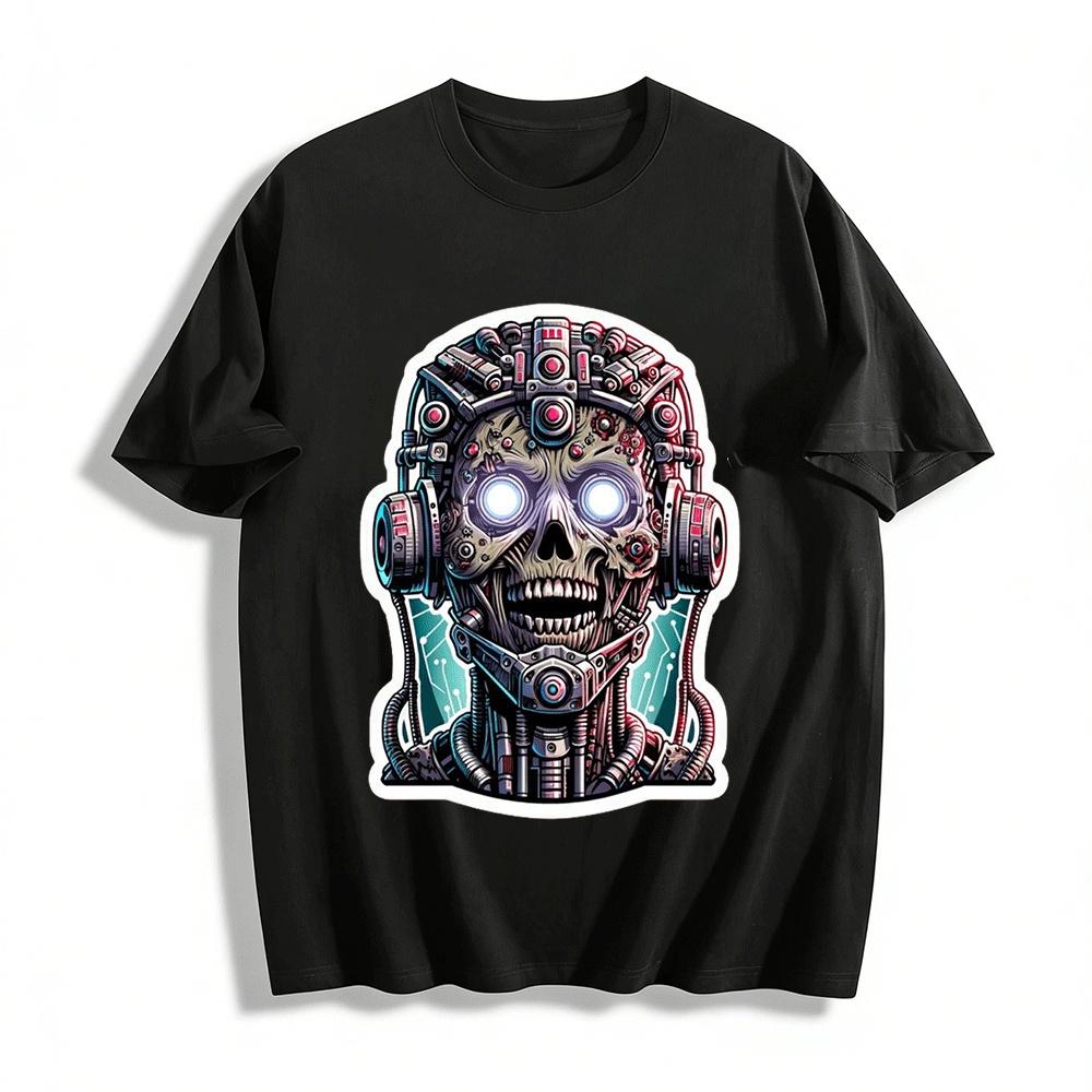 Cyberpunk Skull Cyborg Print Trendy Casual Top Pure cotton T-shirt XXS