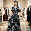 Summer New Short Sleeve Floral Dress Fashion Waist Skinny Skirt Temperament Mom Knee Long Dress