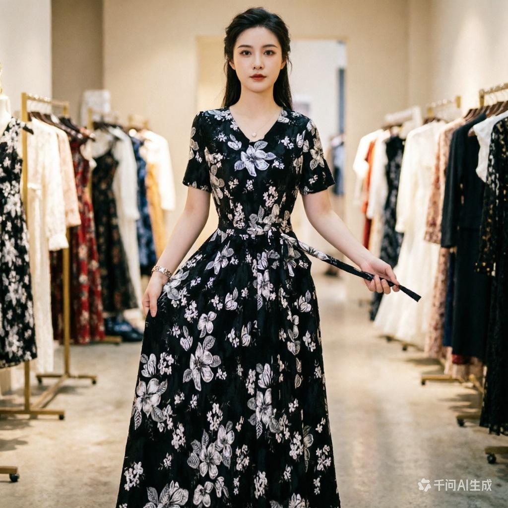 Summer New Short Sleeve Floral Dress Fashion Waist Skinny Skirt Temperament Mom Knee Long Dress