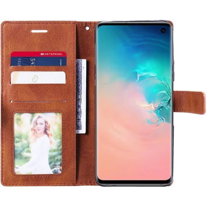 Case and 2 Tempered Glasses for Samsung S10 - BOOLING - Brown - Semi-rigid - Leather Effect
