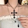 Y2K Gothic Style Black Beaded Cross Necklace & Cool Girl Sweatshirt Accessory