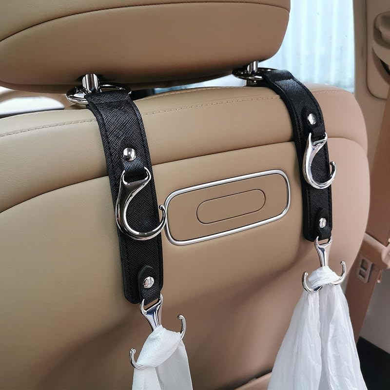 Headrest Hooks For Car Back Seat Organizer Black Faux Leather Hanger Holder Hook, For Hanging Purses And Bags And Coats Grocery Bag Umbrellas Handbag