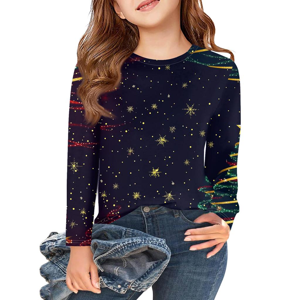 Christmas Day Girls Long Sleeve T Shirts Kids Fall Tops Crewneck Printed Basic Tees