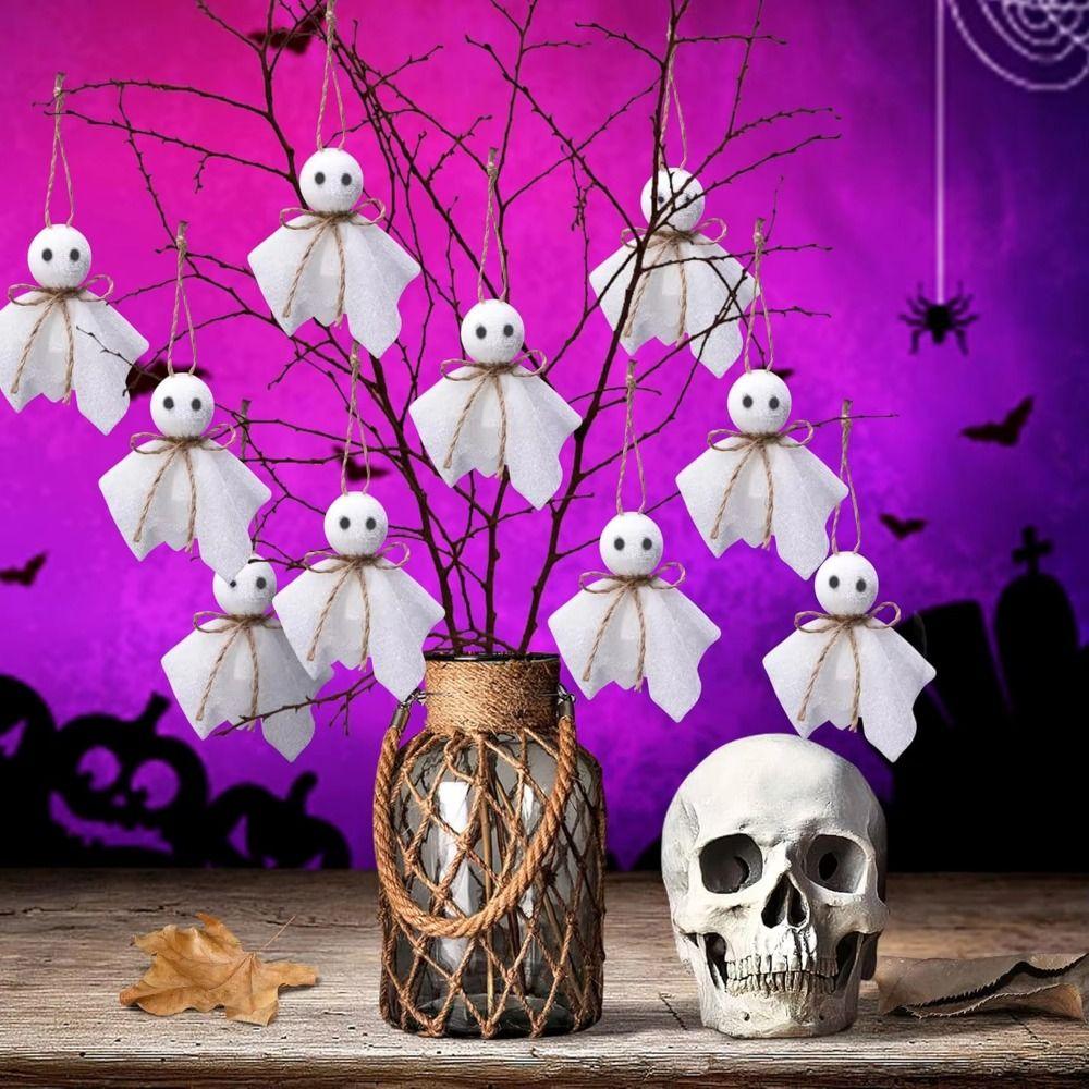 6Pcs 3 Inch Halloween Cloth Ghosts White Ghosts Hanging Ghost Pendant  Haunted House Decoration