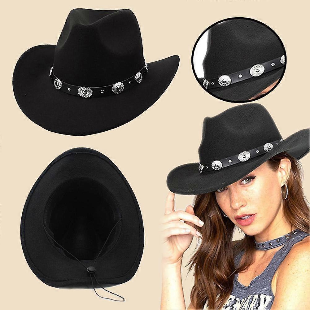 Black Cowboy Cowgirl Hat Wool Blend With Leather Band Sun Shading Hat