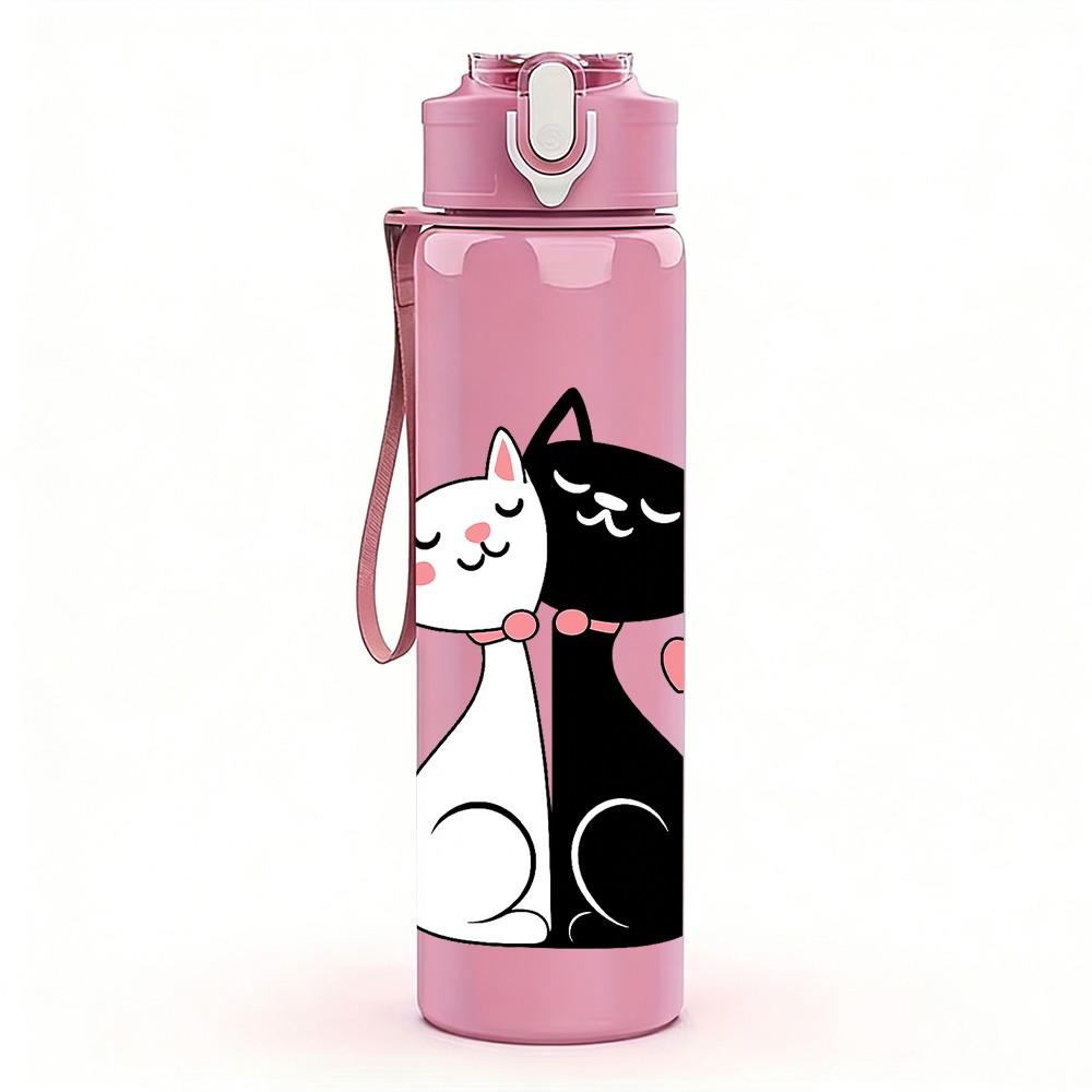 1PC Twin Cats Love Heart Cartoon 750ml Color Plastic Sports Water Bottle Leakproof Flip Straw Lid Suitable for Sports Office Home Use