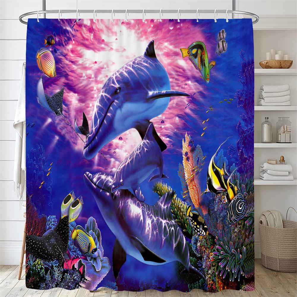 1PC Dolphin Shower Curtain Blue Ocean Biological Polyester Fabric Children's Ocean Theme Bathroom Decoration Shower Curtains