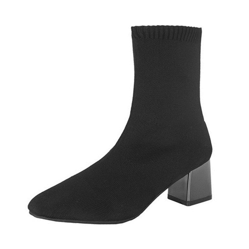 Boots Women 2024 Autumn and Winter Women's Shoes Versatile Elastic Short Boots Women Thick Heel Pointed Internet Celebrity Fly Knitting Boots Women