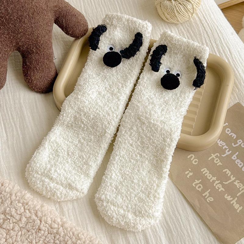 Women's Winter Coral Fleece Socks - Cute Cartoon Puppy, Thick, Warm, Mid-Calf Home & Sleep Socks