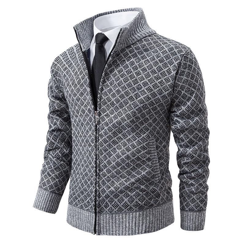 Men's Stand-Up Collar Knitted Cardigan - Thick Ribbed Velvet Sweater for Autumn/Winter (Middle-Aged & Elderly)