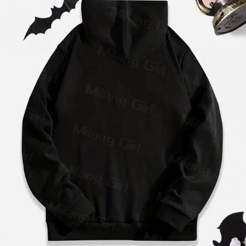 Womens Long Sleeve Hooded Sweatshirt With Skull Pumpkin Print Loose Fit Streetwear Top Winter