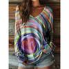 Women's Autumn Long-Sleeve T-Shirt V-Neck Loose Fit Patchwork Style with Irregular Geometric Print Trendy Street-Style Top