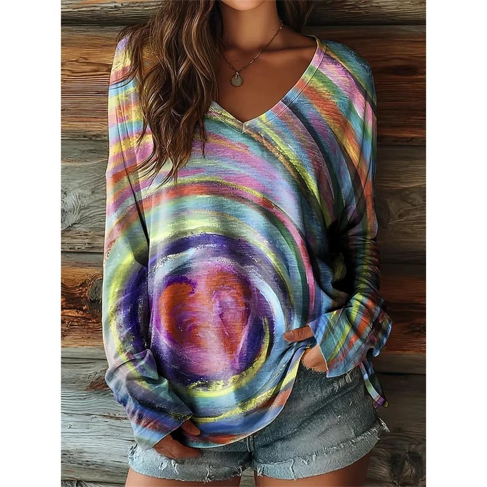 Women's Autumn Long-Sleeve T-Shirt V-Neck Loose Fit Patchwork Style with Irregular Geometric Print Trendy Street-Style Top