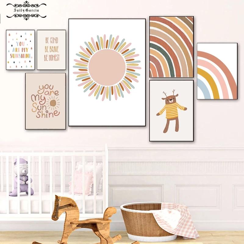 Nursery Wall Umělecká reprodukce Plakát s alpakou Rainbow Painting Sunshine Prints Dětské Boho Plakáty Nordic Wall Pictures for Baby Room Decor