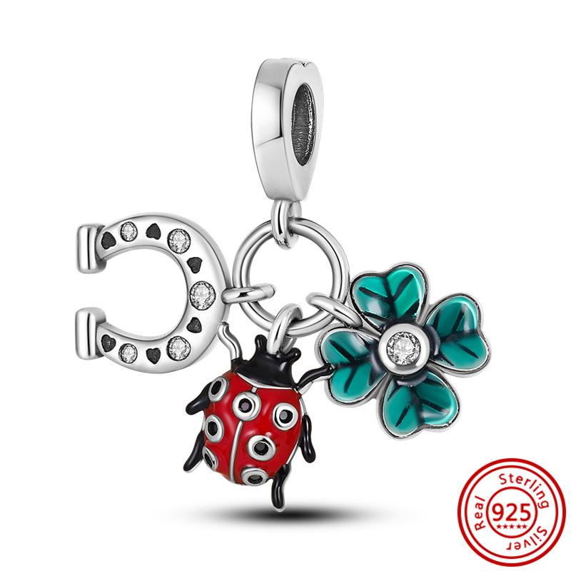 925 copper Bee Caterpillar Butterfly Dragonfly Ladybug Four Leaf Clover Lucky Charm Beads Fit Pantaro Bracelet Fine Zircon Gift