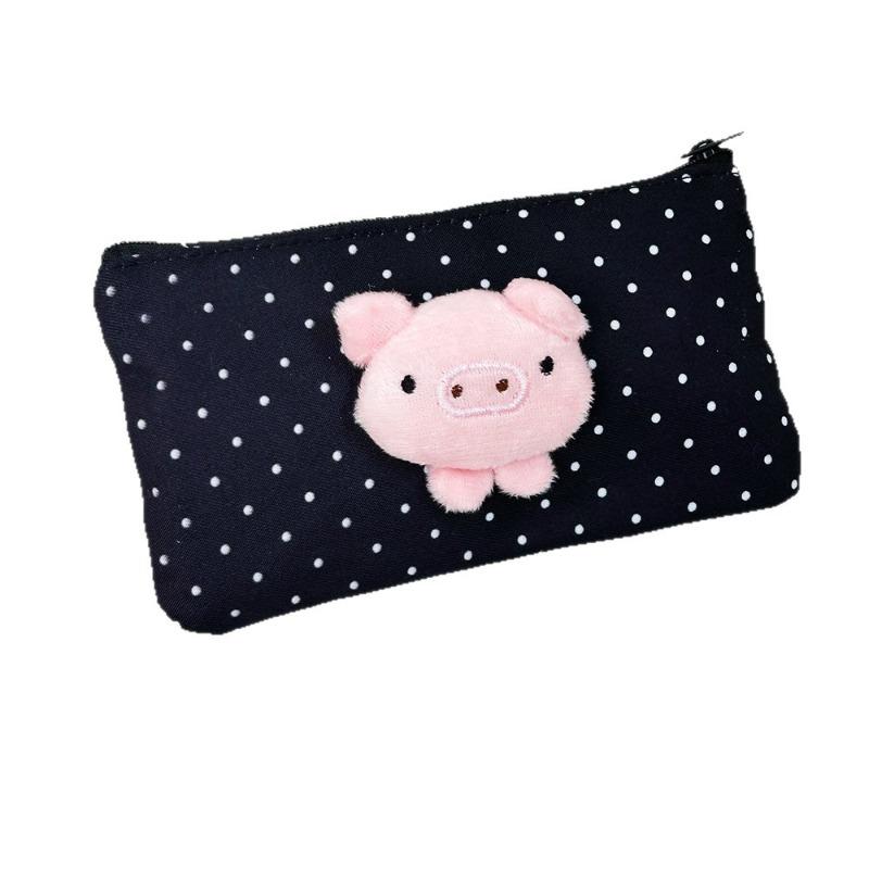 Cute Piggy Plush Pencil Case Polka Dot Large Capacity Storage Bag for Girls Students Black Color Cartoon Stationery Holder Pouch