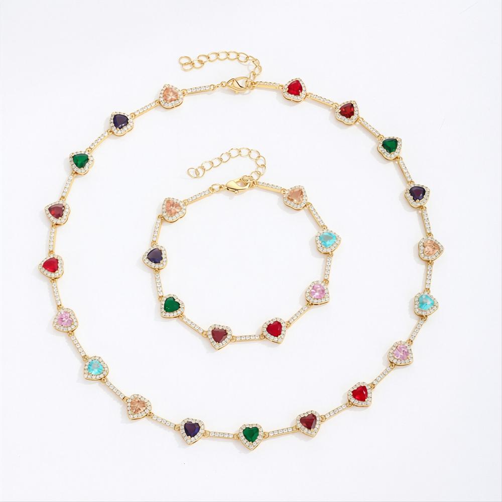 INS Hot Selling heart shape Copper Bracelet Necklace colorful zircon Jewelry For Women Free Shipping For Daily Wear