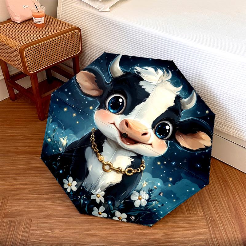 1 Stück Automatischer Faltregenschirm - Niedliches Kuhmuster, Tragbares & Faltbares Design mit 8 Speichen, Weihnachts-Geburtstagsgeschenke