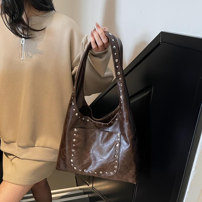 Women's Retro Rivet Crossbody Tote Bag - Large Capacity Shoulder Bag with Snap Closure Versatile Commuting Travel Shopping Bag, Crossbody Purse
