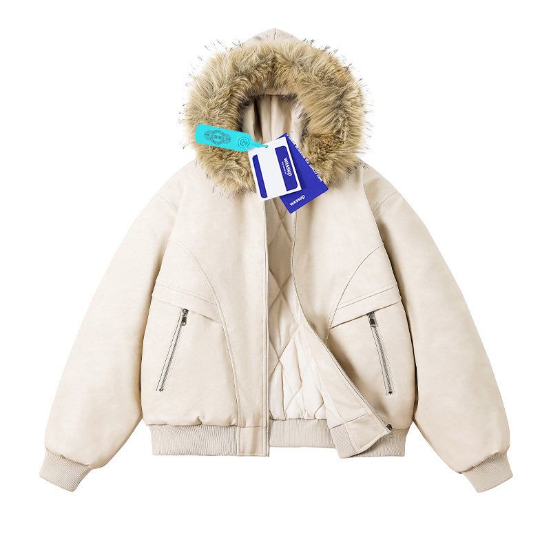 Wassup Large Fur Collar Pu Leather Cotton Jacket for Men and Women, Winter Faux Mink Velvet Thickened Warm Workwear Cotton Coat