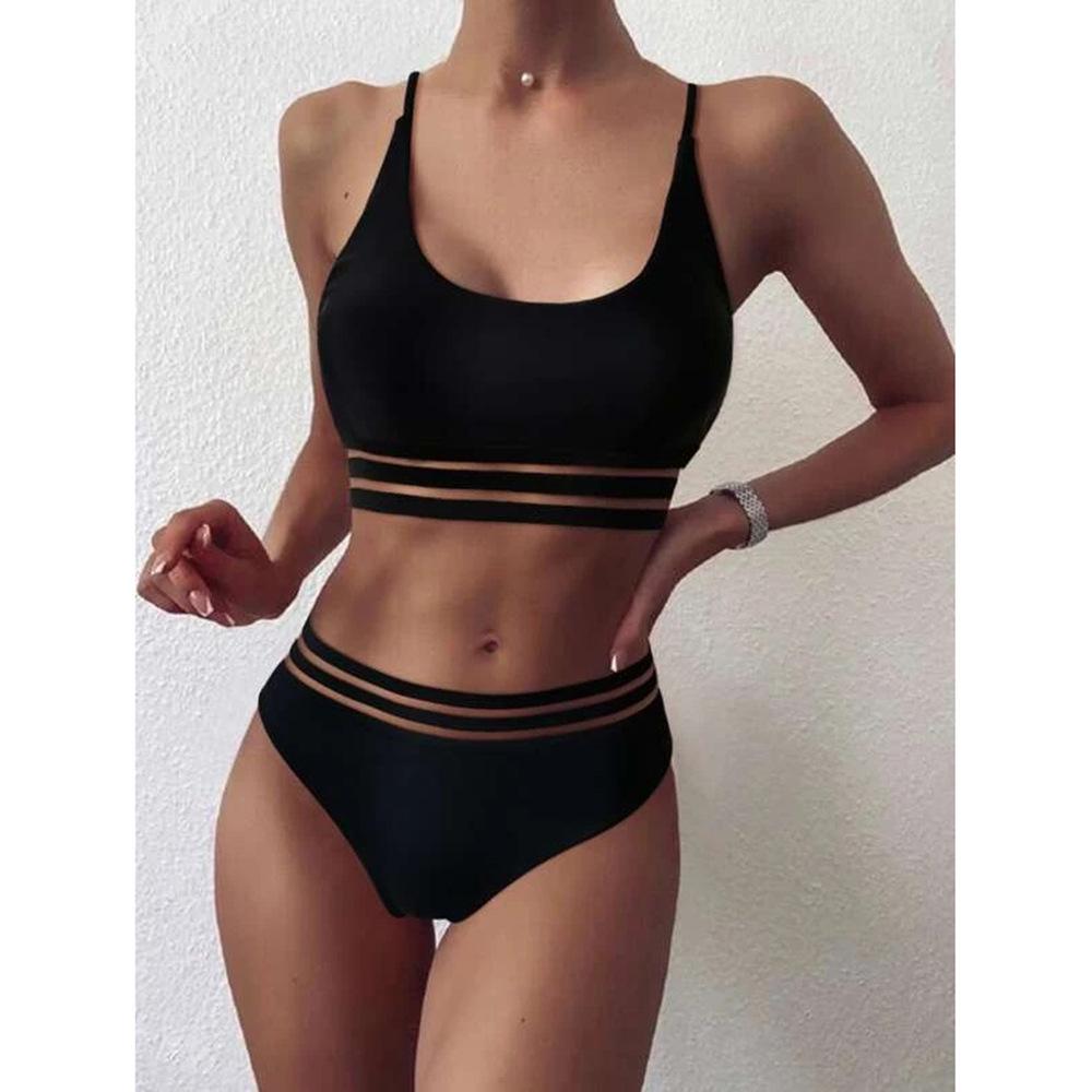 New High-Waist European & American Solid Color Lace Bikini Swimsuit
