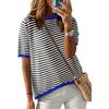 Women's Round Neck Half Sleeve Loose Fit Striped Color Block Knit Top Casual Sweater