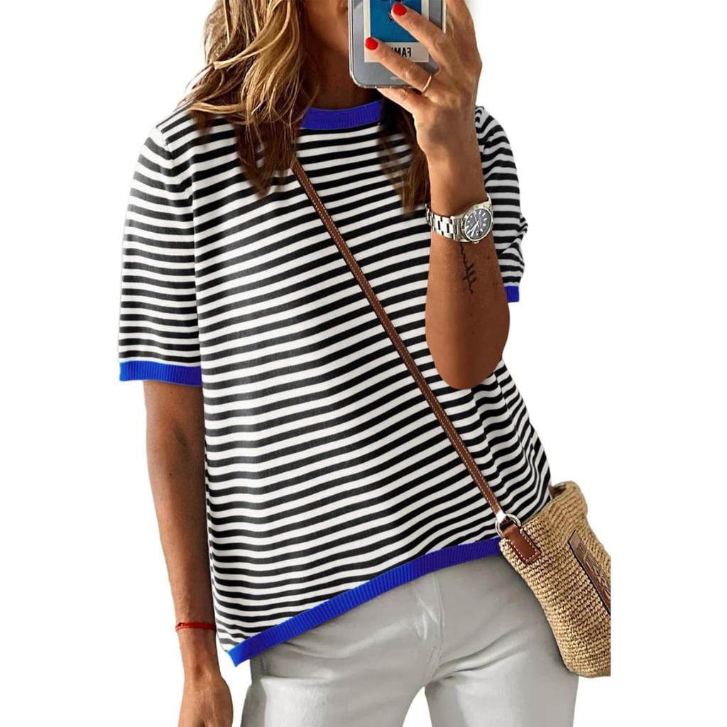 Women's Round Neck Half Sleeve Loose Fit Striped Color Block Knit Top Casual Sweater