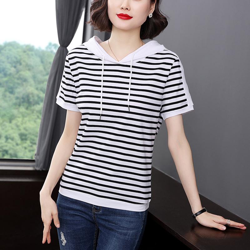 

Женские хлопковые модные летние футболки с капюшоном, женские черные, белые, полосатые футболки с коротким рукавом, женственные свободные топы 5XL M белый