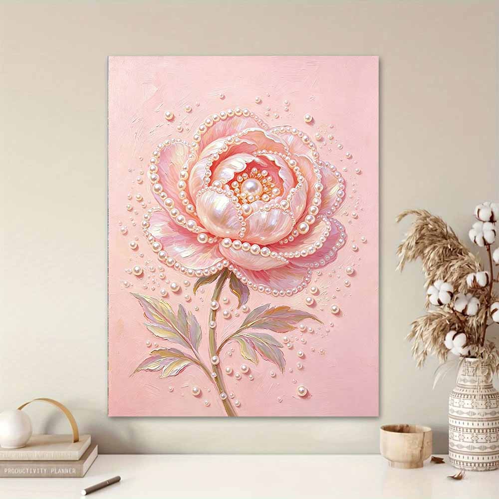 Elegant Pink Peony Flower 5D Pearl Painting Kit with Frame DIY Sparkling Bead Canvas Art Relaxing Craft for Girls Room Decor Aesthetic Gift